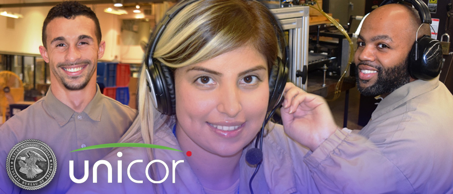 A group of three people, each with headsets, smiling in what appears to be an industrial setting. The foreground person adjusts the headset. The Unicor logo is displayed prominently with a BOP seal.