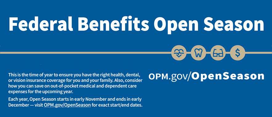 Image banner with blue background with white text Federal Employees Open Season.
